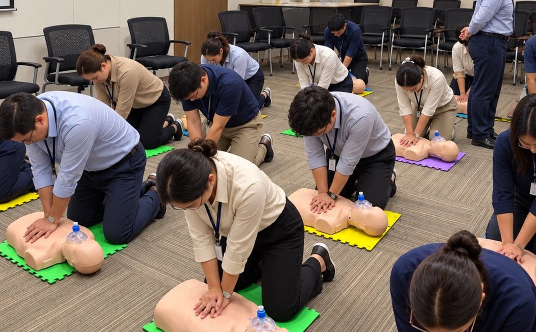 Colaboradores de una empresa practican RCP con maniquíes mientras un instructor supervisa